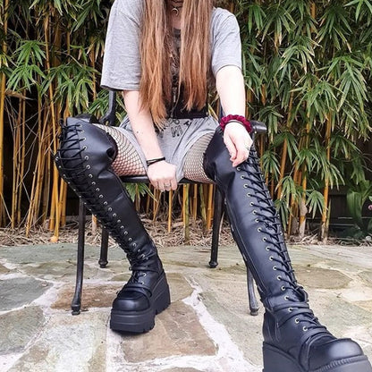 2021 Gothic Punk Fashion Women Thigh Boots Wedges High Heels Platform Over The Knee Boots Female Street Cosplay Autumn Shoes