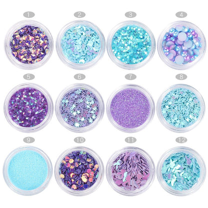 12pots Nail Art Decorations Set Mermaid Pearls Star Moon Laser Sequins Glitters 3d Tips Manicure UV Gel Polish Salon Accessories