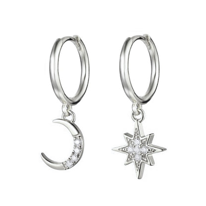 Aide 925 Sterling Silver Classic Zircon Star Moon Pendant Hoop Earrings For Women Crystal Pentagram Earrings Jewelry Pendiente