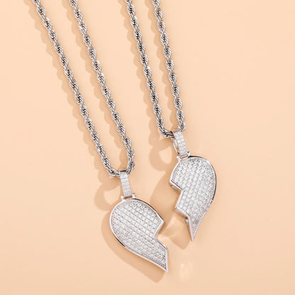 Solid Back Heart Broken With Magnet Iced Out Pendant Necklace Mens/Women CZ Chains Hip Hop Gold Silver Color Charms Jewelry Gift
