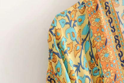 Fitshinling Print Floral Cotton Beach Kimono Belt Vintage Bohemian Slim Cover Up Swimwear Long Cardigan Flare Sleeve Covers