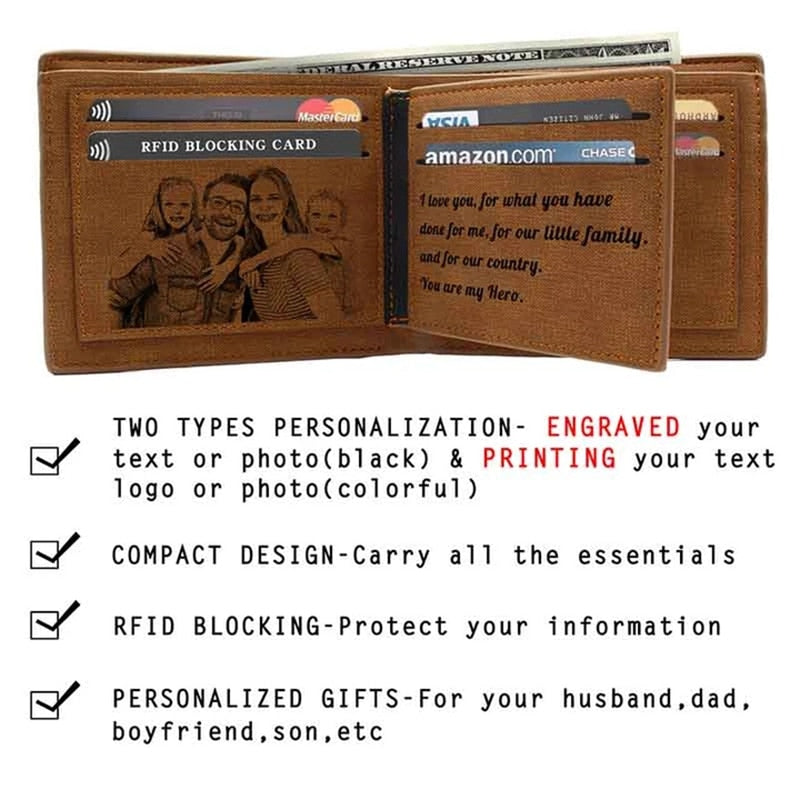 Picture Engraving Wallet PU Leather Wallet Bifold Custom Photo Engraved Wallet Festival Gifts For Him Custom Personalized Wallet.
