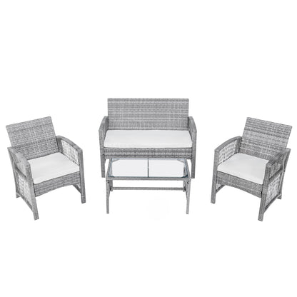 4Pcs Outdoor Patio Furniture Set 3 Rattan Chair Sofa &amp;1 Coffee Table for Garden Backyard Porch&amp;Poolside Gray[US-Stock]