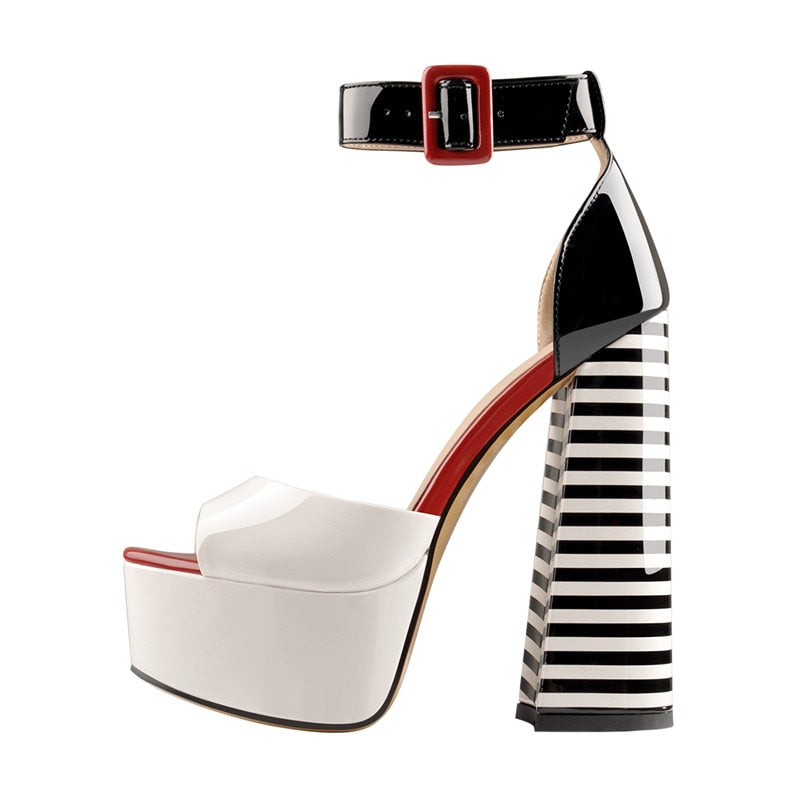 Onlymaker Women Sandals Platform Peep Toe Chunky Square Heels Ankle Strap Sandals Black And White Stripes Party Fashion Shoes