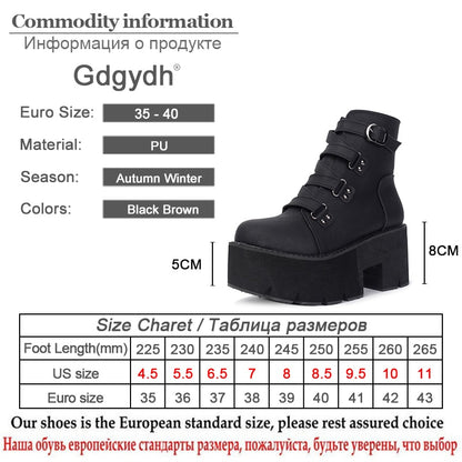 Gdgydh Spring Autumn Ankle Boots Women Platform Boots Rubber Sole Buckle Black Leather PU High Heels Shoes Woman Comfortable