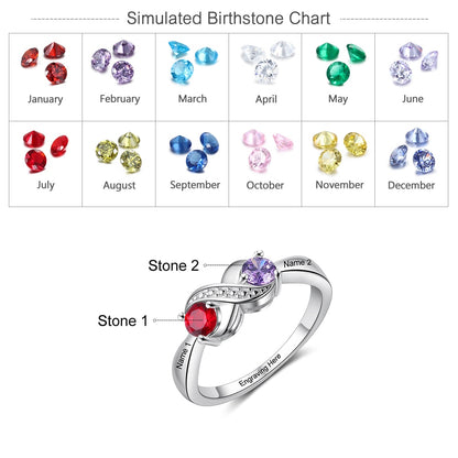 JewelOra Personalized Infinity Engraved Ring with 2 Birthstones Custom Name Silver Color Copper Rings for Women Promise Gifts
