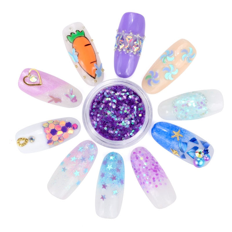 12pots Nail Art Decorations Set Mermaid Pearls Star Moon Laser Sequins Glitters 3d Tips Manicure UV Gel Polish Salon Accessories