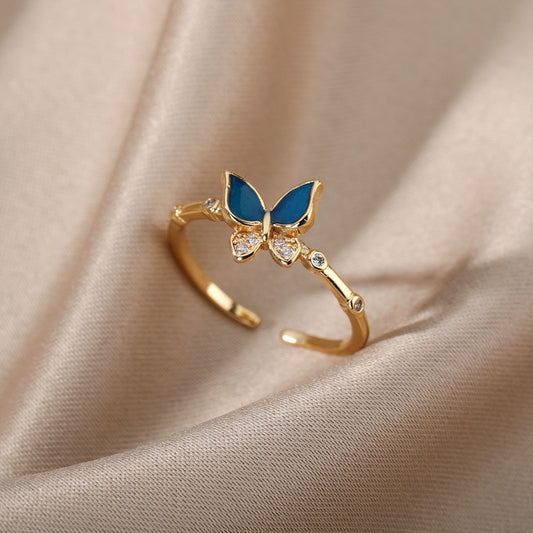 Cute Zircon Butterfly Pendant Open Rings For Women Blue Insect Charm Adjustable Finger Ring Vintage Bohemian Wedding Jewelry