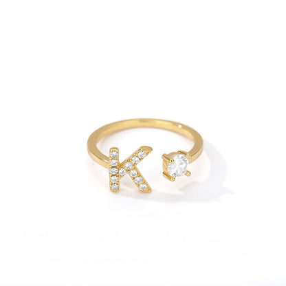 Zircon Initial A-Z Letter Rings For Women Stainless Steel Adjustable Opening Ring Name Alphabet Female Wedding Jewelry Gift
