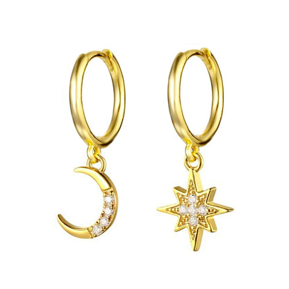 Aide 925 Sterling Silver Classic Zircon Star Moon Pendant Hoop Earrings For Women Crystal Pentagram Earrings Jewelry Pendiente