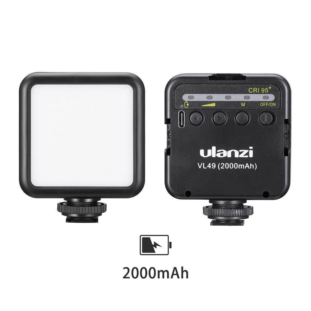 Ulanzi VL49 Mini LED Video Light Dimmable Vlog Light with 3 Cold Shoe Mount Mic Built-in 2000 mAh Battery Type C Charge Light