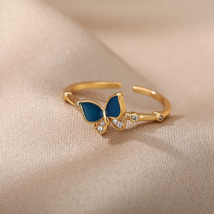 Cute Zircon Butterfly Pendant Open Rings For Women Blue Insect Charm Adjustable Finger Ring Vintage Bohemian Wedding Jewelry