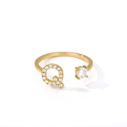Zircon Initial A-Z Letter Rings For Women Stainless Steel Adjustable Opening Ring Name Alphabet Female Wedding Jewelry Gift