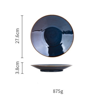 Single Dim Deep Blue Color Ceramic Tableware European Retro Glazed Dinnerware Pottery Porcelain Dish Plate Household Rice Dish