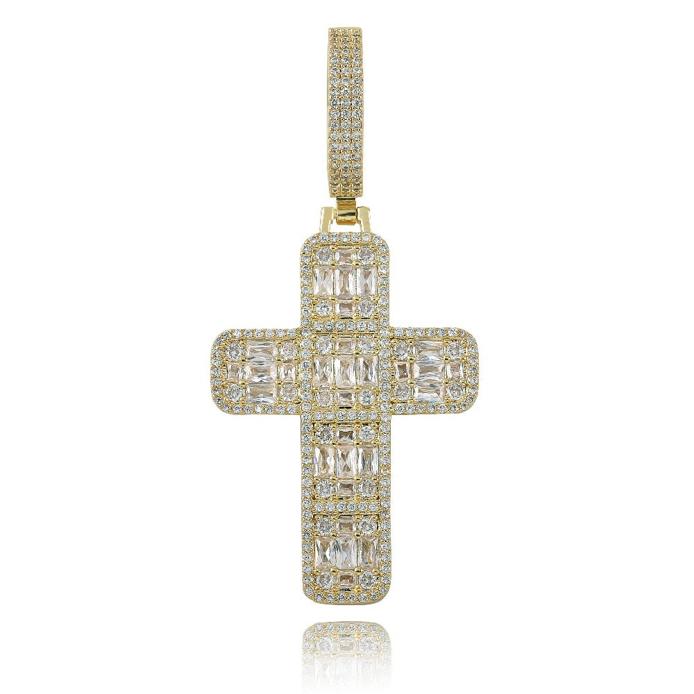 Quality Iced Out Asscher Cut Cross Pendant Necklace Mens/Women Micro Paved Hip Hop Gold Silver Color Bling Charm Chains Jewelry