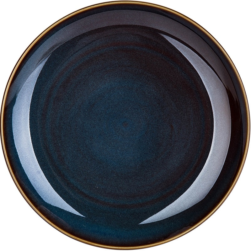 Single Dim Deep Blue Color Ceramic Tableware European Retro Glazed Dinnerware Pottery Porcelain Dish Plate Household Rice Dish