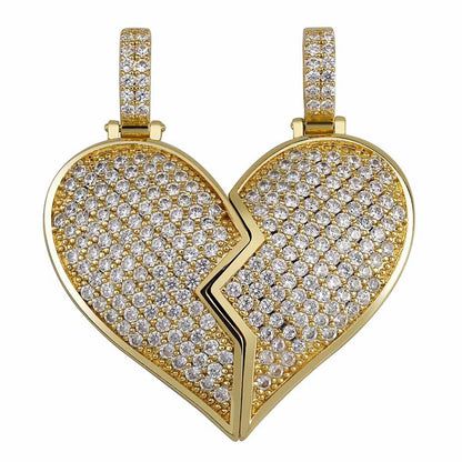 Solid Back Heart Broken With Magnet Iced Out Pendant Necklace Mens/Women CZ Chains Hip Hop Gold Silver Color Charms Jewelry Gift