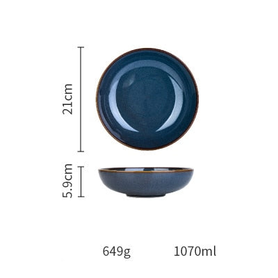 Single Dim Deep Blue Color Ceramic Tableware European Retro Glazed Dinnerware Pottery Porcelain Dish Plate Household Rice Dish