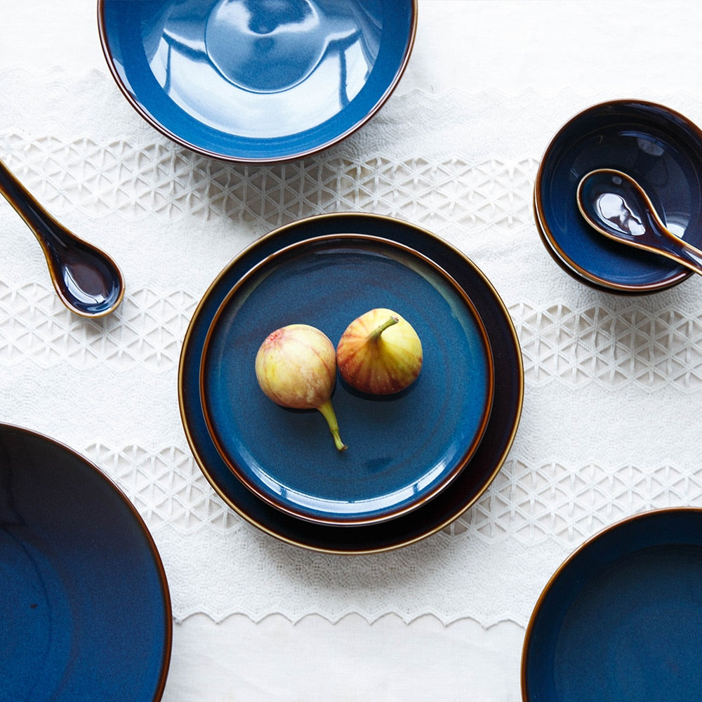 Single Dim Deep Blue Color Ceramic Tableware European Retro Glazed Dinnerware Pottery Porcelain Dish Plate Household Rice Dish