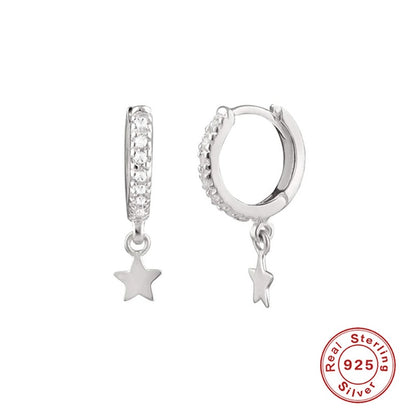 Aide 925 Sterling Silver Classic Zircon Star Moon Pendant Hoop Earrings For Women Crystal Pentagram Earrings Jewelry Pendiente