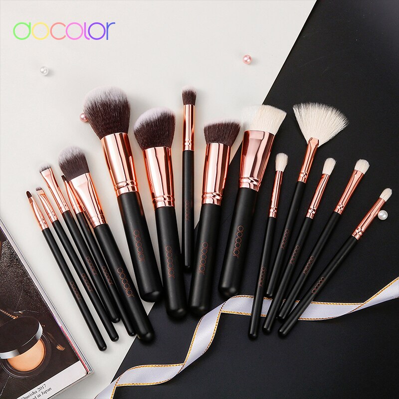 Docolor Rose Gold Makeup Brushes Set 15pcs Professional Natural Hair Brushes Foundation Powder Contour Eyeshadow Make Up Brushes