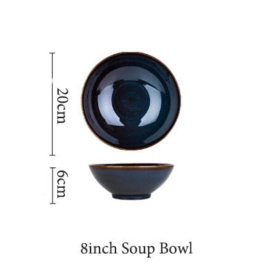 Single Dim Deep Blue Color Ceramic Tableware European Retro Glazed Dinnerware Pottery Porcelain Dish Plate Household Rice Dish