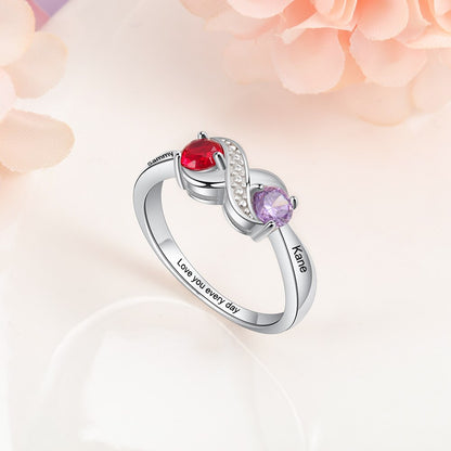 JewelOra Personalized Infinity Engraved Ring with 2 Birthstones Custom Name Silver Color Copper Rings for Women Promise Gifts