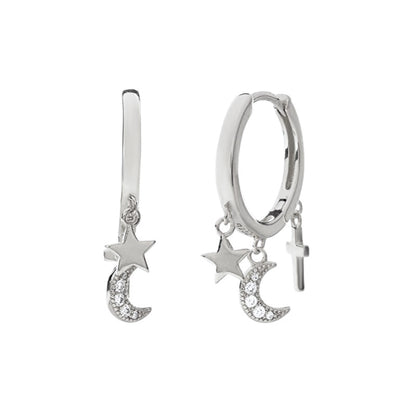 Aide 925 Sterling Silver Classic Zircon Star Moon Pendant Hoop Earrings For Women Crystal Pentagram Earrings Jewelry Pendiente