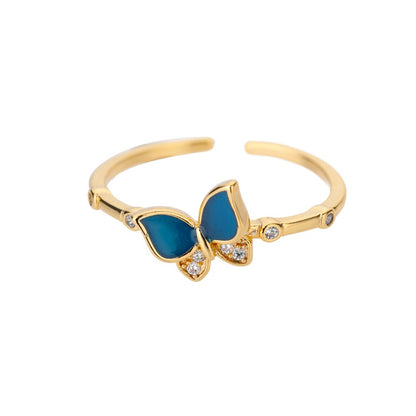 Cute Zircon Butterfly Pendant Open Rings For Women Blue Insect Charm Adjustable Finger Ring Vintage Bohemian Wedding Jewelry