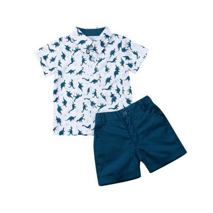 Lioraitiin 1-6 lat zestaw ubrań dla dzieci Baby Boy dinozaur skręcić w dół kołnierz z krótkim rękawem T-shirt spodnie 2 sztuk w stylu Casual, letnia odzież zestaw