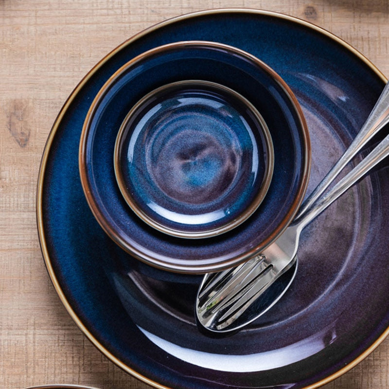 Single Dim Deep Blue Color Ceramic Tableware European Retro Glazed Dinnerware Pottery Porcelain Dish Plate Household Rice Dish