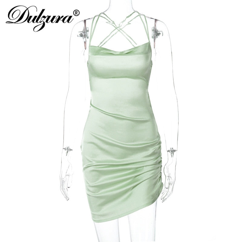 Dulzura Satin Women Strap Mini Dress Ruched Lace Up Cross Bandage Backless Bodycon Party Elegant 2023 Club Christmas Slim