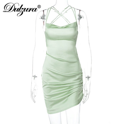 Dulzura Satin Women Strap Mini Dress Ruched Lace Up Cross Bandage Backless Bodycon Party Elegant 2023 Club Christmas Slim