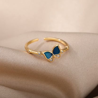 Cute Zircon Butterfly Pendant Open Rings For Women Blue Insect Charm Adjustable Finger Ring Vintage Bohemian Wedding Jewelry