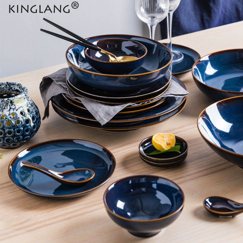 Single Dim Deep Blue Color Ceramic Tableware European Retro Glazed Dinnerware Pottery Porcelain Dish Plate Household Rice Dish