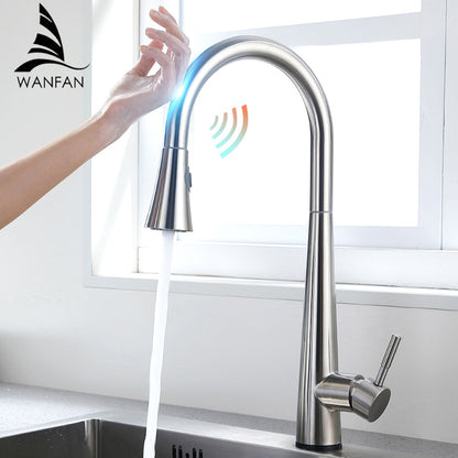 Pull Out Brush Nickel Sensor Kitchen Faucets Stainless Steel Smart Induction Mixed Tap Touch Control Sink Tap Torneira De KH1002