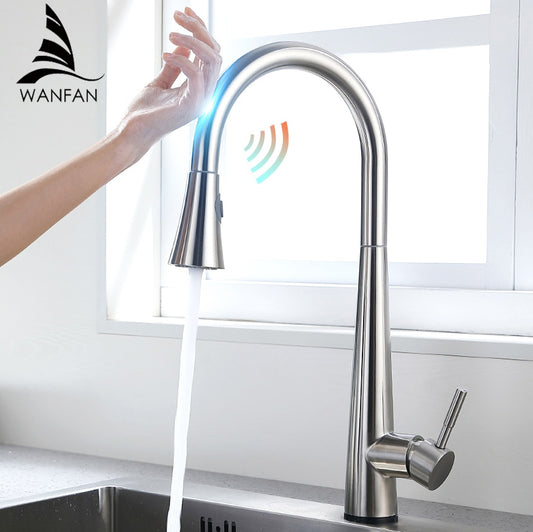 Pull Out Brush Nickel Sensor Kitchen Faucets Stainless Steel Smart Induction Mixed Tap Touch Control Sink Tap Torneira De KH1002
