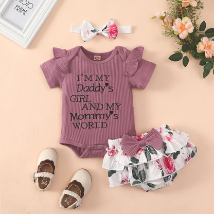 2022-02-16 Lioraitiin 0-24M Newborn Infant Baby Girl 3Pcs Summer Clothing Set Short Sleeve Letter Printed Bodysuit Top Shorts