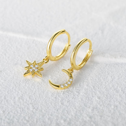 Aide 925 Sterling Silver Classic Zircon Star Moon Pendant Hoop Earrings For Women Crystal Pentagram Earrings Jewelry Pendiente