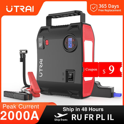 UTRAI 4 In 1 2000A Jump Starter Power Bank 16000mAh 150PSI Air Compressor Tire Pump Portable Charger Car Booster Starting Device