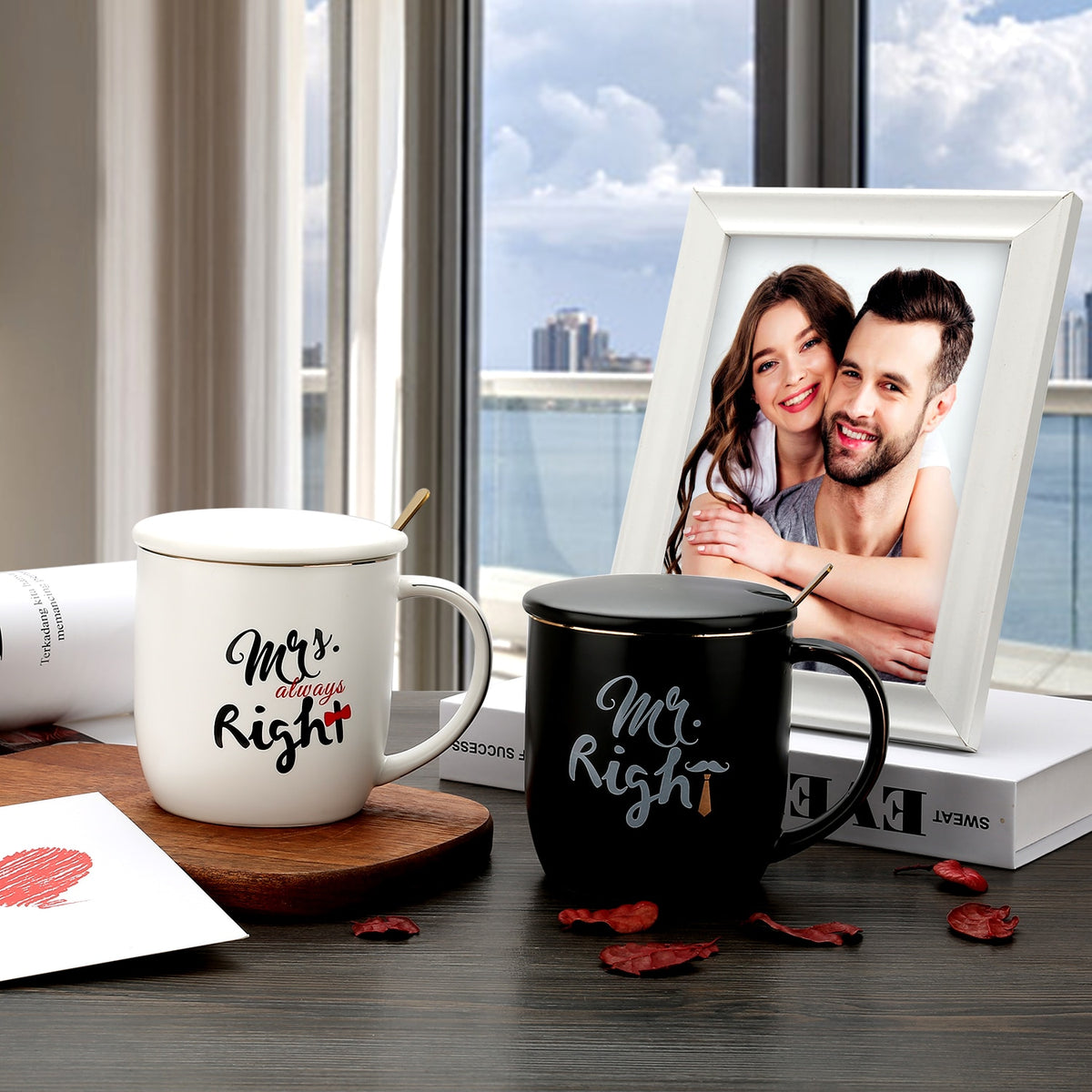 Mr Right Mrs Always Right Couple Coffee Mugs Cups - Wedding Anniversary Valentine's Day Gift - Couples Ceramic Marble Mugs Set