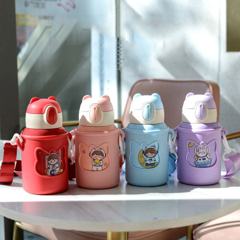 Kids Thermos Mug With Straw Stainless Steel Dobble Vacuum Flasks Children Cute Thermal Water Bottle Tumbler Thermocup