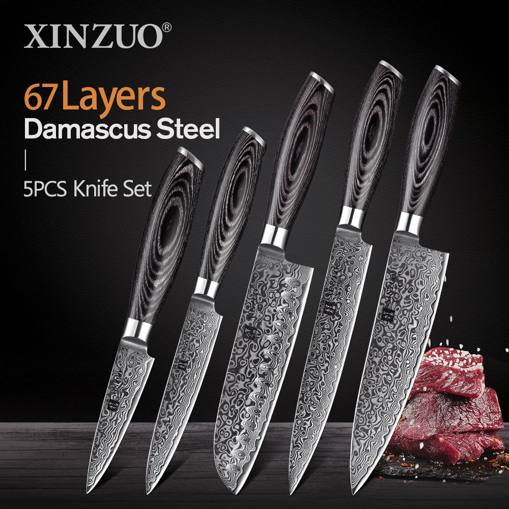 XINZUO 1pcs/5pcs Kitchen Knives Set 67Layer VG10 Damascus Steel Chef Cleaver Santoku Utility Paring Knife Pakkawood Handle