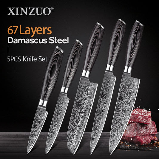 XINZUO 1pcs/5pcs Kitchen Knives Set 67Layer VG10 Damascus Steel Chef Cleaver Santoku Utility Paring Knife Pakkawood Handle