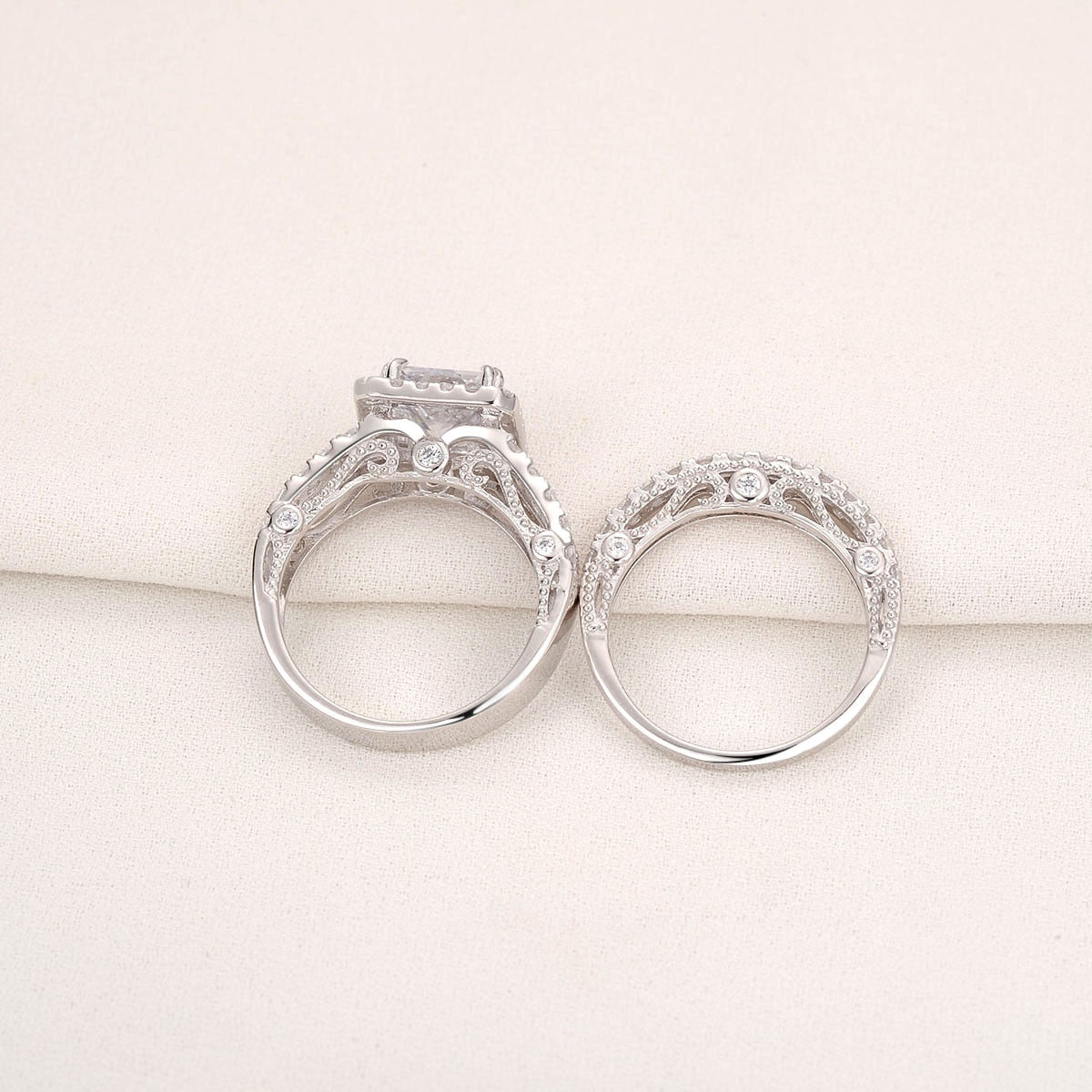 Newshe 2 Pcs Vintage Wedding Rings Set Solid 925 Sterling Silver 4Ct Princess Cut AAAAA CZ Engagement Ring for Women Bridal