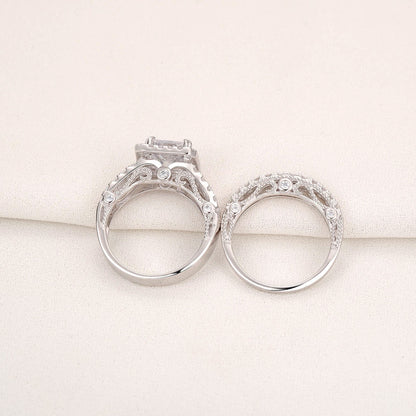 Newshe 2 Pcs Vintage Wedding Rings Set Solid 925 Sterling Silver 4Ct Princess Cut AAAAA CZ Engagement Ring for Women Bridal