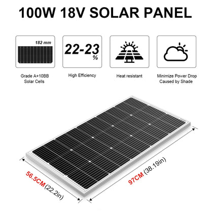 DOKIO 100W 18V Solar Panel Waterproof Glass Solar Panel 200W 300W 400W Home/RV/Camping Rechargeable Monocrystalline Solar Panel