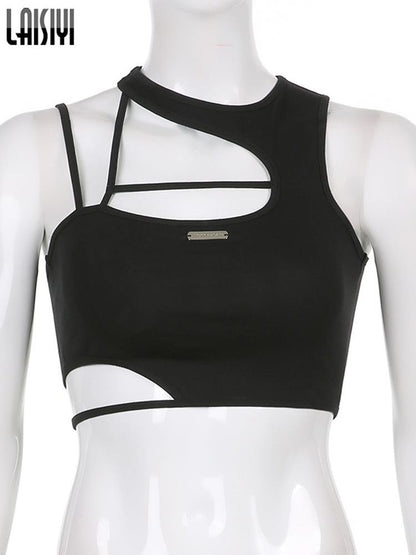 Crop Top Women Hollow Out Black Blouses Sleeveless Skinny Cool Punk T Shirts Techwear 2022 Summer Tank Tops Y2k Clothes