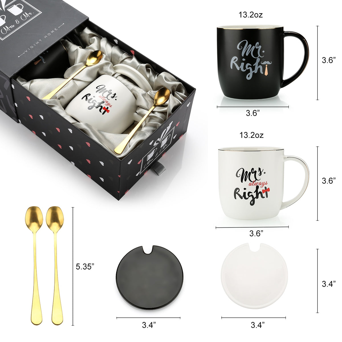 Mr Right Mrs Always Right Couple Coffee Mugs Cups - Wedding Anniversary Valentine's Day Gift - Couples Ceramic Marble Mugs Set