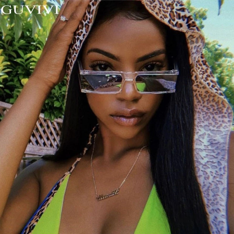 Vintage Rectangle Sunglasses Women Small Frame Mirror Sun Glasses Silver Black Lens Men One Piece Punk Eyeglasses Gafas Shades